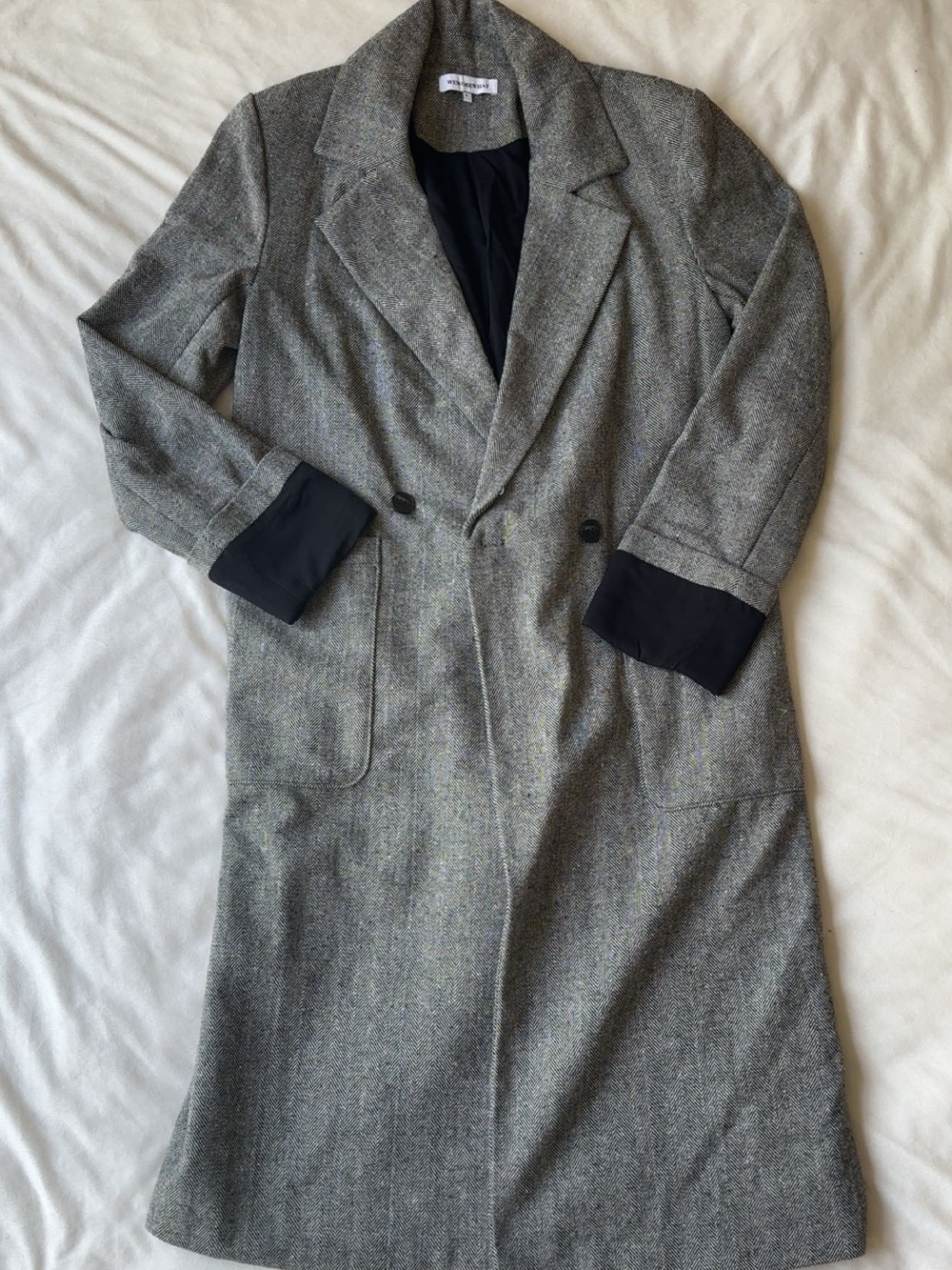 WeWoreWhat Grey Double-Breasted Trench Coat with Black Cuffs